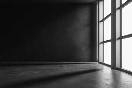 3D render of an empty room with black walls and a grey floor, a spotlight on the wall, a low-angle view, and a minimalistic style. --ar 3:2 --v 6.1 Job ID: 22e22168-8692-4e39-bd1d-96a2e2f507aeの素材
