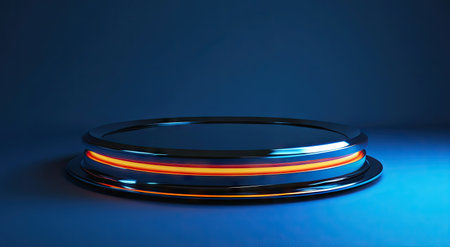 3D rendering of a futuristic circular platform with a holographic display on a blue background. Concept for technology, science, and innovation in the digital age, in the style of cyberpunk. --ar 78:43 --v 6.1 Job ID: 837e8a30-03c1-4fb9-9981-3925f4140c0bの素材