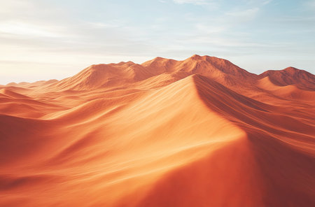3D rendering of a desert landscape with sand dunes. Aerial view of red and brown mountains in the Sahara Desert, a desert background with sky. Concept for travel, vacation, or nature exploration. Desert hills. --ar 62:41 --v 6.1 Job ID: a8d4f11f-90b7-47de-8264-ccd8e6e3374bの素材