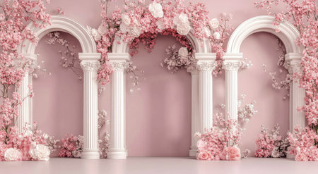 3D pink floral arch wall backdrop with entrance and columns backdrop for photo shoot, high-definition, no blur --ar 78:43 --v 6.1 Job ID: b6b22f28-7d70-4722-b03d-b876af91171cの素材