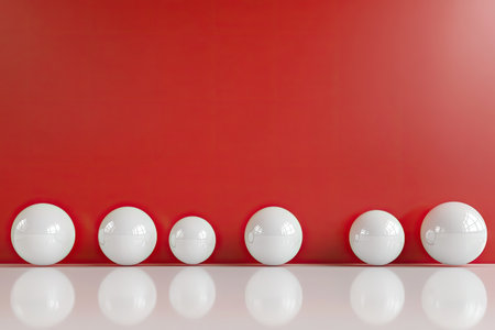 3D rendering of glossy white spheres on the floor and a red wall in the background. Abstract geometric shapes. Empty space for product presentation, showcase. Minimalist concept design. --ar 3:2 --v 6.1 Job ID: 4a1825ce-2da2-4f8c-a89b-573548cda71cの素材