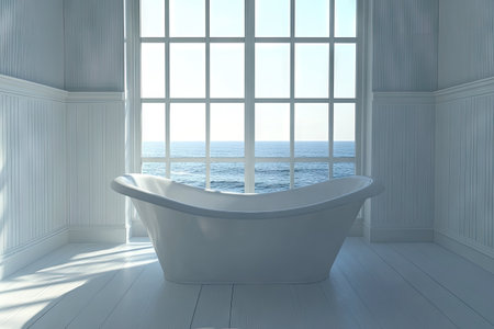 3D rendering of a white bathtub in a front view with a window overlooking the ocean. The room is brightly lit, with a sharp focus, high brightness, and natural daylight, creating a cinematic and professional-looking scene. The lighting comes from above, and the image was captured using a Hasselblad H6D-400c medium format camera, resulting in a wide-angle shot with sharp details. --ar 3:2 --v 6.1 Job ID: c2dec473-a68d-416e-a375-5f5c7b5d77a6の素材