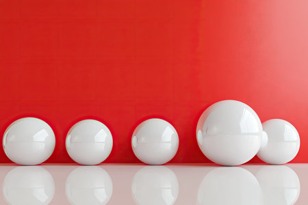 3D rendering of glossy white spheres on the floor and a red wall in the background. Abstract geometric shapes. Empty space for product presentation, showcase. Minimalist concept design. --ar 3:2 --v 6.1 Job ID: 4a1825ce-2da2-4f8c-a89b-573548cda71cの素材