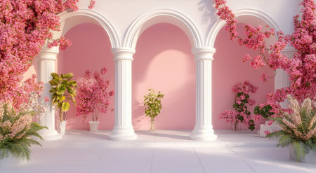 3D render, a beautiful pink floral backdrop with white pillars and arches, and plants in a vintage style. --ar 78:43 --v 6.1 Job ID: 85b66740-5ce0-4833-8afd-2c329845607eの素材