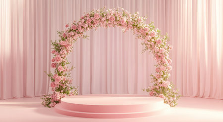 3D product stage, podium, minimalistic, modern, front view, pink color, round shape, flower arch, and curtains in the background, soft lighting. --ar 78:43 --v 6.1 Job ID: 4dbe0857-def0-420a-b942-c9c3162cad04の素材