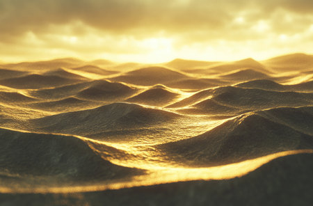 3D rendering of desert dunes with clouds at sunset. Sand ripples in the wind, creating intricate patterns on the ground. Desert landscape background. The scene is bathed in warm, golden light, creating an atmosphere of calm and serenity. --ar 62:41 --v 6.1 Job ID: 813564b2-4b2c-468b-911f-31620b4bb461の素材