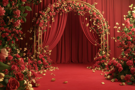 3D red stage with a golden arch and flowers, roses on the floor and curtains, backdrop for a photo shoot in the style of a wedding ceremony, red background, red carpet, flower garland, digital art, high resolution, high detail, hyper-quality, hyper-realistic, volumetric lighting, bright, studio lighting. --ar 3:2 --v 6.1 Job ID: 8258cdb6-1240-4530-9a79-829438b77b4fの素材