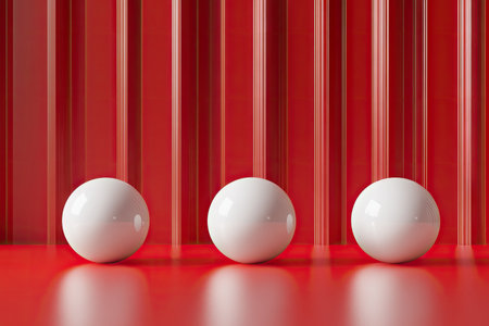 3D rendering of glossy white spheres on the floor and floating in front of a red background wall with three vertical stripes. Minimalist concept art, abstract geometric shapes, clean lines, smooth curves, low-angle shot, studio lighting, volumetric light, high resolution. --ar 3:2 --v 6.1 Job ID: 18729e71-876f-48e4-9d10-e321001673adの素材