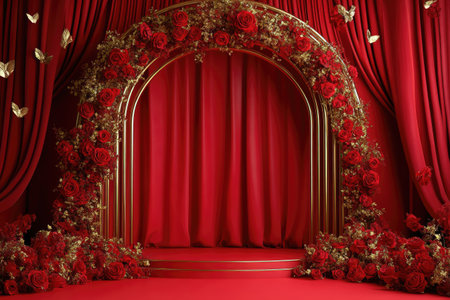 3D red stage with a golden arch and roses, a red curtain backdrop, a wedding scene backdrop --ar 3:2 --v 6.1 Job ID: 100c0a1d-b425-4ca3-aa1e-9ffd5d6dde5dの素材