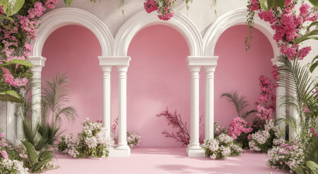 3D render, a beautiful pink floral backdrop with white pillars and arches, and plants in a vintage style. --ar 78:43 --v 6.1 Job ID: 85b66740-5ce0-4833-8afd-2c329845607eの素材