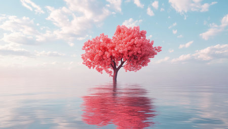 3D heart-shaped tree in the middle of calm water, with a sky background, in pink and red colors, cute. --ar 53:30 --v 6.1 Job ID: aff5447f-016a-4a31-afa9-426d5df34d0cの素材