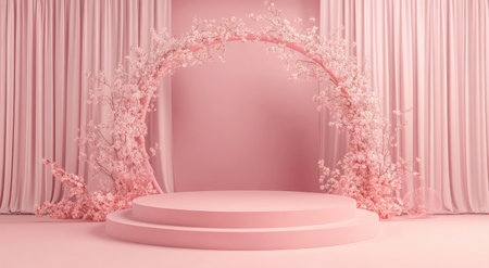 3D product stage, podium, minimalistic, modern, front view, pink color, round shape, flower arch, and curtains in the background, soft lighting. --ar 78:43 --v 6.1 Job ID: 4dbe0857-def0-420a-b942-c9c3162cad04の素材