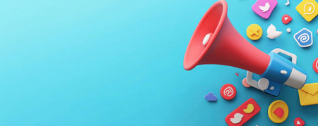 3D illustration of a megaphone and social media icons on a blue background, a marketing concept for an advertising campaign, a banner design with copy space, social network icons, in an isometric design style, high-resolution photography, best quality, super detailed. --ar 5:2 --v 6.1 Job ID: 7f50605d-4062-4b2e-967d-6a4b82e72a9cの素材