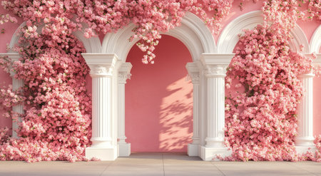 3D pink flower wall backdrop, with an arched entrance and white columns, realistic --ar 78:43 --v 6.1 Job ID: 9085e2ee-143c-45ec-9f24-436b7e168b65の素材