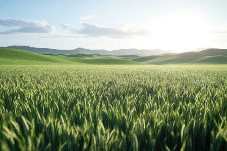 3D render of a beautiful green wheat field with hills in the background, on a sunny day. Rendered using Octane and Unreal Engine, with high-resolution photography for an incredibly detailed and realistic result. --ar 3:2 --v 6.1 Job ID: 819c1bd1-c982-44b0-abc6-45489878b806の素材