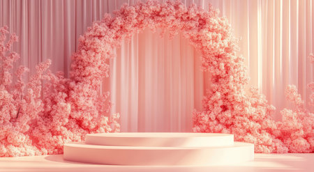 3D product stage, podium, minimalist, modern, front view, single-level, pink flower arch with curtains in the background, flowers covering one wall of the room, pink and white colors --ar 78:43 --v 6.1 Job ID: 4cd47b2e-d537-4087-a130-69ac4ecb8efcの素材