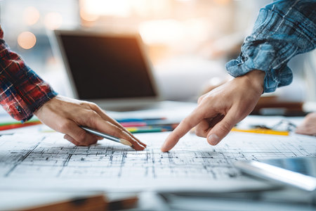 Two individuals examine a set of architectural blueprints on a table, their hands pointing to specific details of the plan.  The focus is on collaboration and careful consideration of the design.の素材