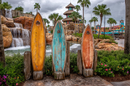 Three colorful surfboards, positioned near a waterfall, placed in a landscaped area of a tropical water park. Lush greenery and various plants surround the surfboards.の素材
