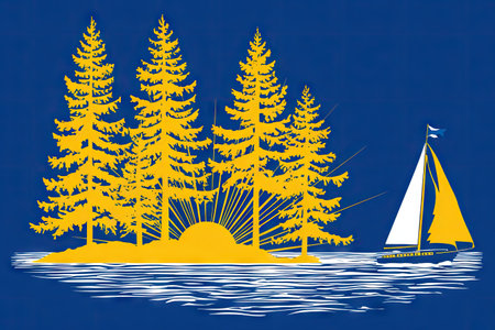 Stylized graphic design features a silhouette of three tall evergreen trees on an island, a setting sun, and a sailboat sailing on the water. The trees, sun, and sailboat are all in a rich gold color against a deep blue background.  The water's surface has subtle ripples and reflections.の素材