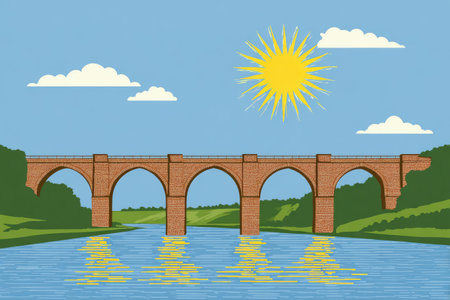 Colorful illustration of a stone arch bridge spanning a river, with a bright sun in a clear sky and lush green banks. The water reflects the sunlight.の素材