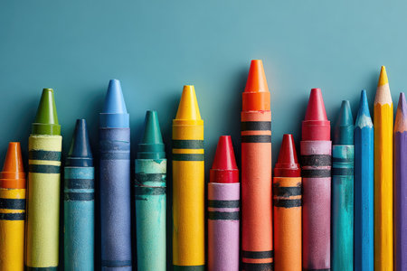 Close-up view of a collection of colorful crayons and pencils lined up against a light blue background.  The crayons and pencils are arranged in a row, showcasing a variety of colors and shades.  The image highlights the textures and details of the different stationery items.の素材