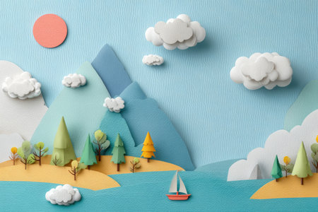 Vibrant paper-cut illustration of a serene landscape. The scene features a calm body of water, with islands, mountains, trees, clouds, and a small sailboat.  Soft pastel colors and simple shapes characterize the design.  The image evokes a sense of peace and tranquility.の素材