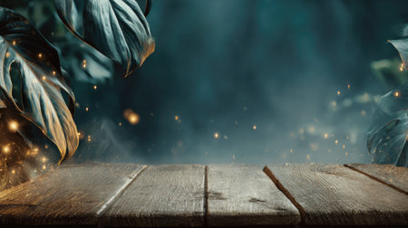 Image of a wooden table top, with a misty, dark teal background.  Large, dark teal leaves with hints of gold are in the background and glowing particles float in the air over the leaves.  The wooden planks of the table have visible wood grain and texture.の素材