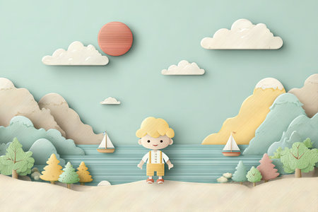 Digital illustration of a boy in a whimsical, paper-craft style landscape.  Soft pastel colors depict a tranquil scene with mountains, clouds, a sun, and a sailboat on a calm sea.  The boy stands on the shore, looking outward, radiating an optimistic, childlike quality. The entire image is textured and detailed with paper-cut like elements.の素材