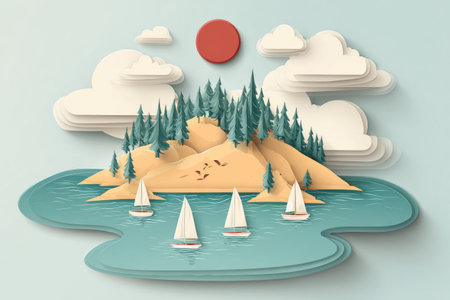 Illustration of an island with a sandy beach and a few sailing boats on calm water.  The island is covered with trees.  There are layers of clouds and a sun in the sky. The style is paper-cut, or paper craft, with varied colors and shapes.の素材