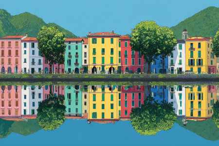 Picturesque view of colorful buildings lining a waterway, with their reflections creating a symmetrical image on the still water. Lush green trees are interspersed among the buildings, adding to the tranquil scenery. The vibrant colors and clear reflection suggest a sunny day.の素材