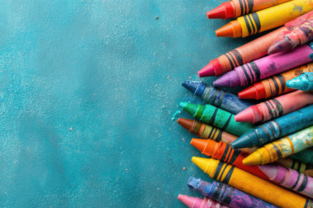 Collection of used crayons in various colors, arranged on a textured teal-colored surface.  The crayons exhibit signs of use and wear, with some discoloration and chipped surfaces.の素材