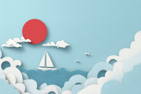 Stylized illustration of a sailboat on a calm sea, against a pastel blue sky with a red sun and white clouds. The image is composed using paper cut-out shapes and colors.の素材