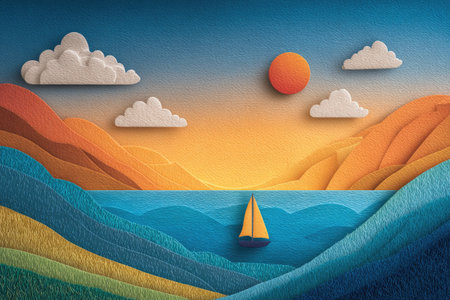 Colourful paper cut design of a seascape with mountains, a sailboat, sun, clouds, and layered textures in various colours.の素材