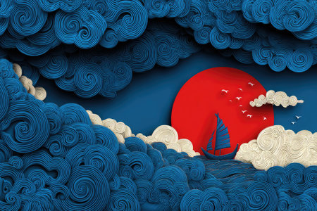 Digital illustration of a sailboat navigating a sea of detailed, swirling clouds, with a large red sun in the background.  The image features layered and textured elements in shades of blue and white, adding depth and complexity to the scene.の素材