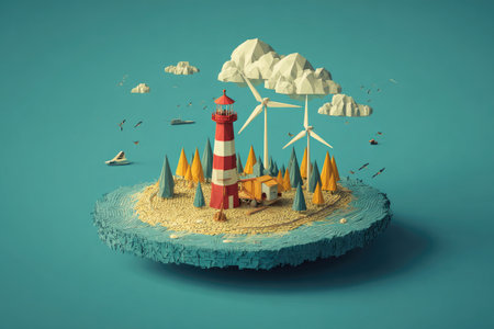 Whimsical, stylized scene of a floating island with a lighthouse, windmills, and other elements, created with a low-poly, paper-like aesthetic.  The elements are arranged in a colorful and harmonious composition against a plain teal background.の素材