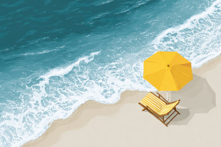 Illustration of a sandy beach with turquoise water, foamy white waves, and a yellow beach umbrella and lounge chair positioned on the shoreline. The image depicts a serene and inviting beach scene.の素材