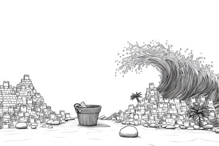 Black and white illustration of a large wave crashing over a collection of interlocking building blocks.  A bucket sits on the shore. The scene evokes a sense of destruction and loss.の素材