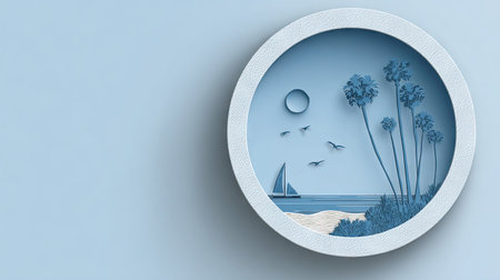 Light-blue, round, framed cutout design of a coastal scene with palm trees, a sailboat, birds, and the sun. The image is minimalistic, featuring a beach and an ocean. The image is designed using a paper-cut or 3D cutout effect, creating a textured appearance.の素材