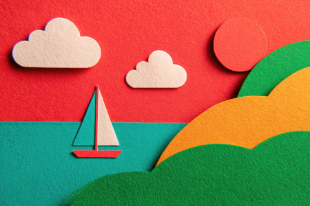 Vibrant, colorful image featuring a paper cut-out scene.  A sailboat is situated on a body of water, with hills, clouds, and a sun in the background.  The image is composed of different colors of paper that are layered to create depth and dimension.  The overall style is simple, playful, and artistic.の素材