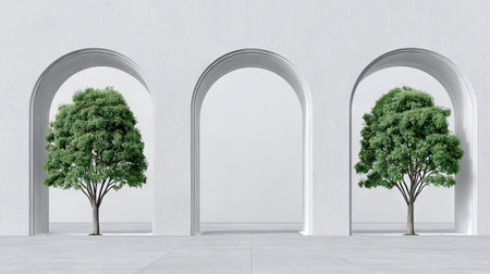 Minimalist scene featuring two arched openings in a white wall. Within each opening is a single green tree. The ground is a light gray color.  The overall aesthetic is modern and serene.の素材