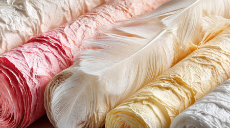 Close-up view of several rolls of multicolored textured paper, stacked and arranged with a feather placed among them. The papers feature varied shades of pastel colors, including pinks, creams, and light yellows. The textured surface of the paper is clearly visible, exhibiting a layered or embossed effect.の素材