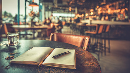 Notebook is open on a dark rustic table in a bustling cafe.  The interior of the cafe is subtly visible in the background. A glass of water sits beside the notebook.の素材