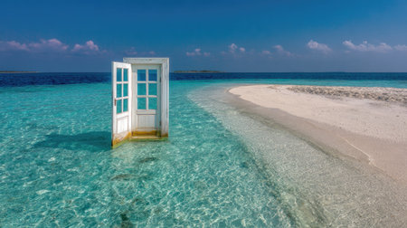 White door with glass panes is submerged in shallow, clear turquoise water, leading to a sandy beach. The sky is a vibrant blue, with scattered white clouds.の素材