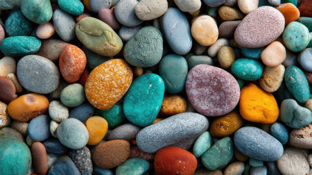 High-resolution image of a large collection of rounded, multicolored stones. The stones exhibit a variety of colors, including reds, oranges, yellows, greens, blues, and grays. The image shows the intricate details of the stone surfaces and the interplay of colors in a close-up view.の素材