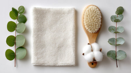 Flat lay arrangement of a spa-inspired set, featuring a white towel, a wooden body brush, a cluster of cotton balls, and branches of eucalyptus leaves, all on a plain white surface.の素材