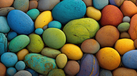 Close-up view of a large group of brightly colored, smooth stones.  The stones are various shades of vibrant colors including blues, greens, yellows, oranges, and reds.  The stones are tightly clustered together, creating a visually appealing pattern. The image highlights the natural beauty and texture of the stones.の素材