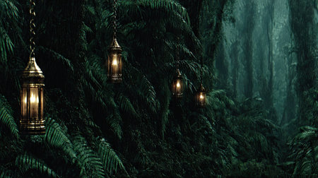 Misty, dark forest path is illuminated by hanging lanterns. Lush, dark green foliage and trees line the path. The image has a mysterious and magical atmosphere.の素材