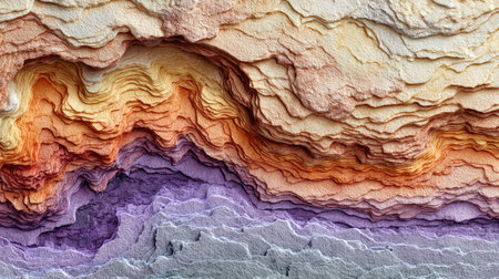 Close-up view of a multi-layered geological formation.  The layers are in a range of warm and cool colors, creating a detailed and striking pattern.の素材