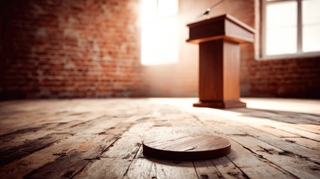 Wooden podium and a circular display stand on a weathered wooden floor in a room with a brick wall.  Sunlight illuminates the scene.の素材