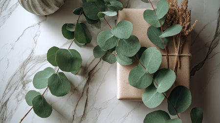Presentation of a wrapped gift decorated with fresh eucalyptus branches and dried grasses.  The gift is wrapped in craft paper and is resting on a marble surface.の素材